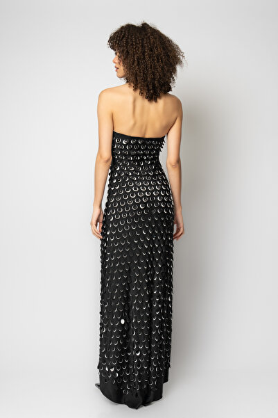 RENGIN Yakası bantlı komple yuvarlak lazer kesimli straplez abiye elbise