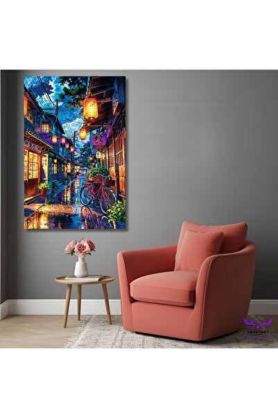 abartart Tekli Dikey Kanvas Modern Salon Tablosu Işıklı Issız Sokak ve Lambalar