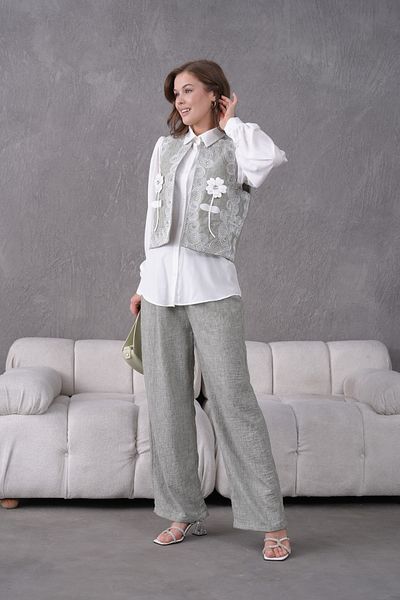 Miss Allos Women's Front Embroidered Flower and Stone Detailed Linen Vest and Trousers Bottom Top Set