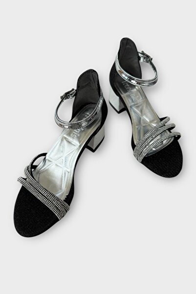 Liger Girl's Glittery Stone Banded Heeled Evening Dress Sandals Shoes Black - Silver