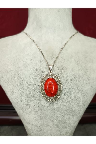 Mos Tespih Coral Stone Natural Stone Silver Color Necklace