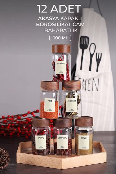 Kitchen Life Acassia Set of 12 Acacia Lid Borosilicate Glass Spice Shakers / 56 Tags Gift / 300ml