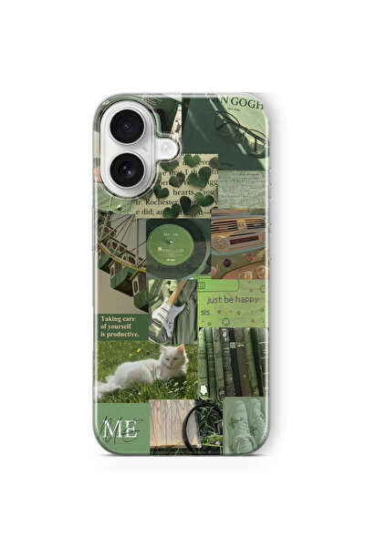 Space Star iPhone 17 Uyumlu Yeşil Kolaj Tasarım Baskılı Şeffaf Kılıf