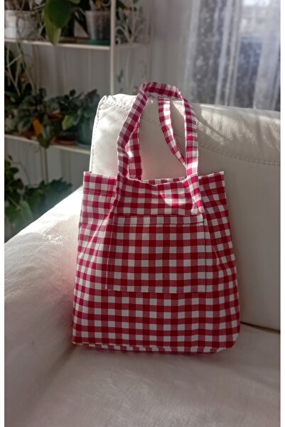 Mufincollection Red White Plaid Linen Fabric Handmade Tote Bag