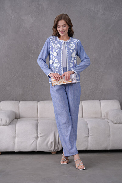 Miss Allos Жіноча передня вишита квітка троянди та камінь детальна лляна куртка та штани верхній та нижній комплект