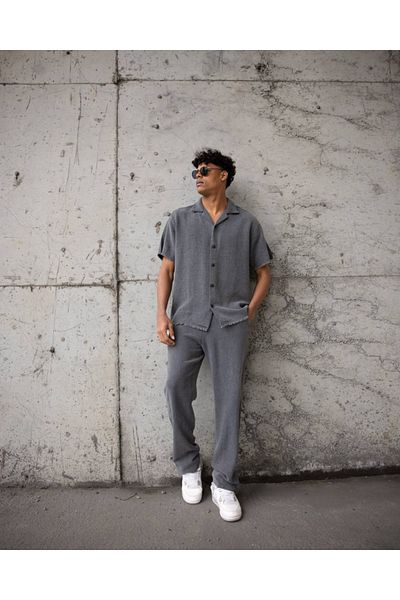 THIMOON Men's Anthracite Snap Fastener Shirt and Trousers Set Comfortable Fit Seasonal Casual Combination