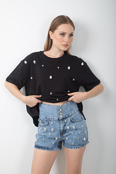 top girl Yüksek Bel Kadın Parlak Taş Aksesuarlı Mini Kot Şort