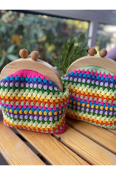 Satürn Hobi Örgü Ahşap Burslu Renkli Çanta