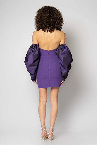 RENGIN Kolları balon organze göğsü taşlı kedi yaka krep abiye elbise