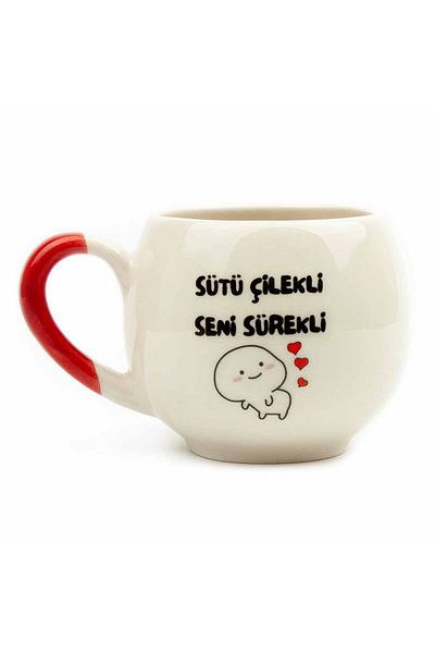 PALTO TASARIM Milk Strawberry Seni Continuous Cream Shiny Balloon Mug (Red Handle) - Gift Ceramic Mug
