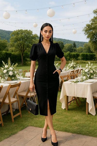 Mossta Princess Crepe Dress with Cuff Button Detail - Black