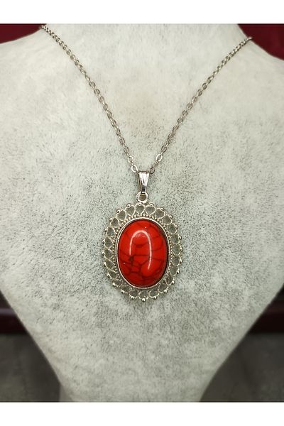 Mos Tespih Coral Stone Natural Stone Silver Color Necklace