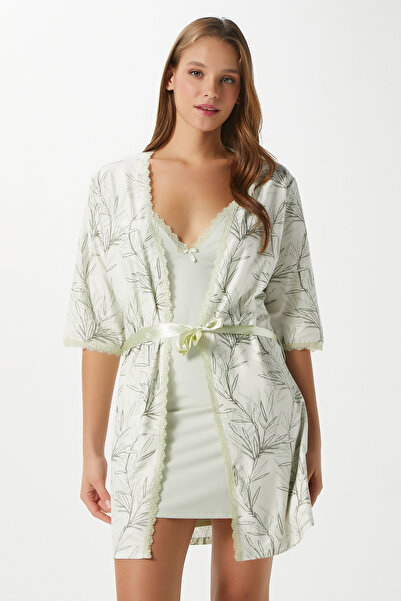 Ritnice Women's Mary Green Branch Pattern Dressing Gown Nightgown Double Pajama Set