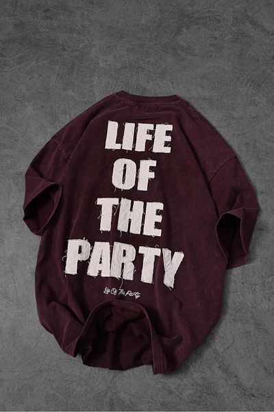 Slatra Ανδρικό μπλουζάκι μπορντό Life Of The Party Απλικέ Βρώμικο Κέντημα Washed Oversize Tshirt