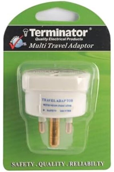 Terminatör محول سفر متعدد الاستخدامات من Terminator، قابس طاقة 110-250 فولت 5 أمبير، مزود بقفل أمان ومؤشر LED، TL-20