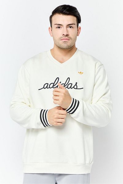 adidas Men V-neck Embroidered Logo Long Sleeve Sweatshirts, Off White