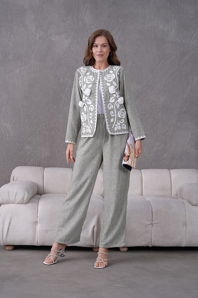 Miss Allos Women's Front Embroidered Rose Flower and Stone Detailed Linen Jacket and Trousers Bottom Top Set