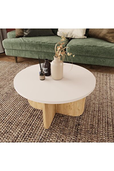 Bimossa Beca O0040 56 Cm Modern Yuvarlak Orta Sehpa Salon Sehpası Orta Masa Kumtaşı Üst Meşe Ayak