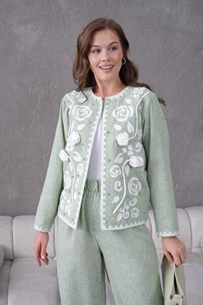 Miss Allos Дамски комплект от ленено яке и панталон с бродерия отпред, рози и камъни