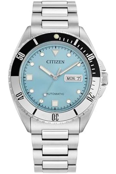 Citizen Men's Automatic Stainless Steel Watch, Light Blue Dial, Black and Silver Bezel, 3 Hand, Day/