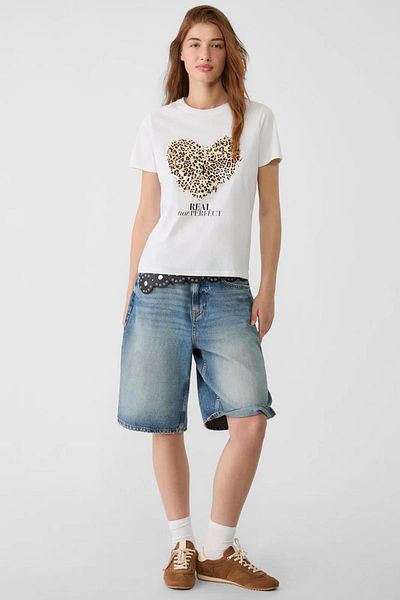 TENA Women's Ecru Crew Neck Heart Real Not Perfect Printed T-Shirt