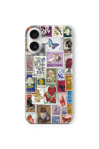 Space Star iPhone 16 Uyumlu Stamp Kolaj Tasarım Baskılı Şeffaf Kılıf