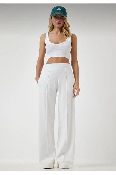 DEMOİSELLE Women's Scuba Ribbed Ironing Line Pants - White