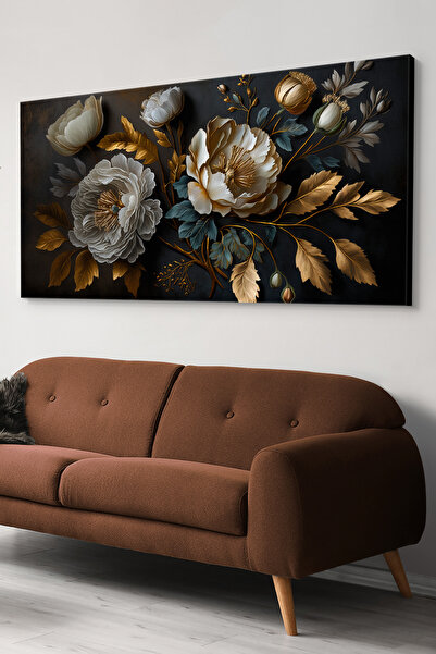 Evinemoda Çiçek Gold Dallar Tek Parça Kanvas - Canvas Tablo