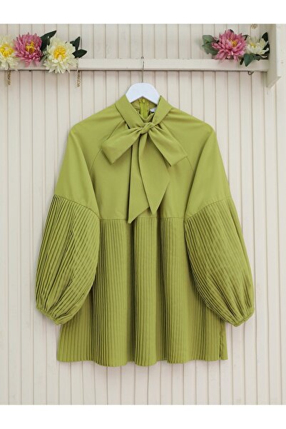Modamorfo Lace-Up Collar, Sleeves and Pleated Skirt Tunic - Oil Green
