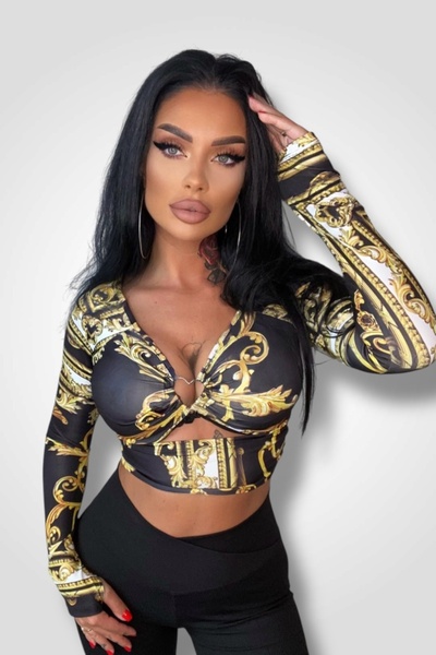 BOMBFIT Bluza Heart Gold, cu imprimeu, scurta, cu maneca lunga