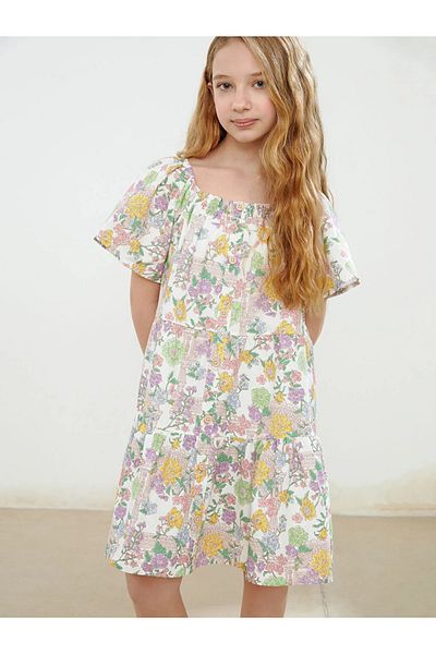LC Waikiki Lcw Kids Ecru Printed Square Neck Floral Girl's Dress