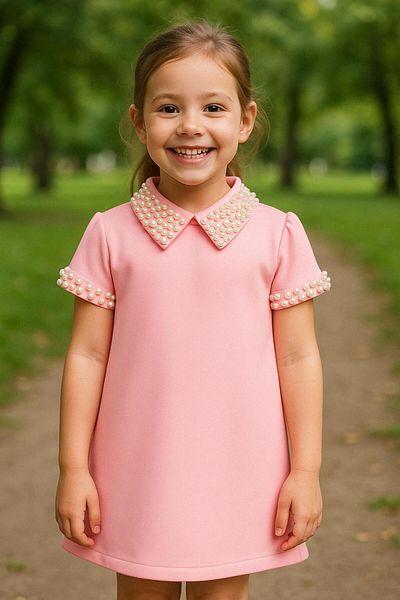 Hilal Akıncı Kids Κοντομάνικο φόρεμα για κορίτσια με γιακά και μανίκια με πέτρες