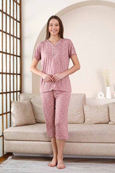 ALİMER Bermuda Pijama Takımı - Gülkurusu Çiçek Desen Likralı Viskon 2851B