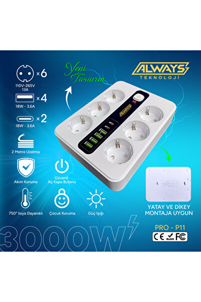ALWAYS TEKNOLOJİ 3000W Akım Korumalı 4 USB'li ve 2 TYPE-C li 6'lı Grup Priz 2...