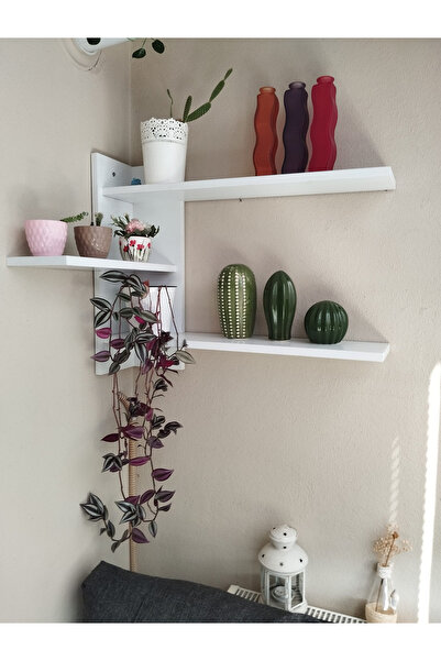 UTKU TASARIM Beyaz Dekoratif 3 Raflı Ahşap Suntalam Çiçek Standı, Dekoratif R...