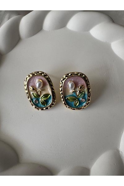 H&S AKSESUAR Vintage Colorful Floral Gold Pearl Detailed Earrings