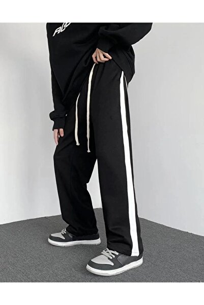 stg spor toptan giyim Ανδρικό μαύρο φούτερ με μαύρο πλαϊνό μέρος και φαρδύ πόδι