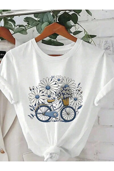 MOONBULL Kadın Bisiklet Papatya Baskılı Oversize T-shirt