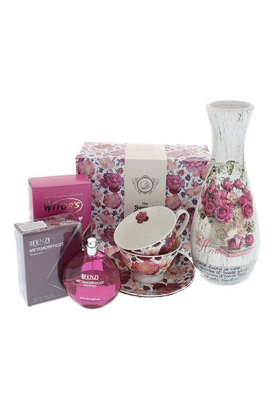 GiftExpress Women's gift set Metamorphoze roses with perfume vase and mugs
