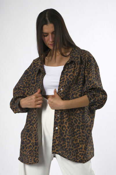 ABBRA Women's Modal Leopard Patterned Oversize Shirt