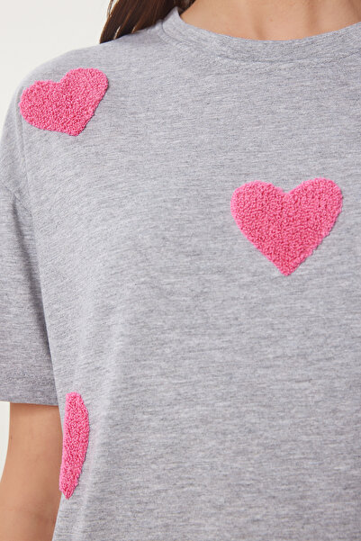 Lovelyİstanbul Βαμβακερό πλεκτό μπλουζάκι με υφή καρδιάς ΓΚΡΙ ΜΕΛΑΝΖ LMP0009