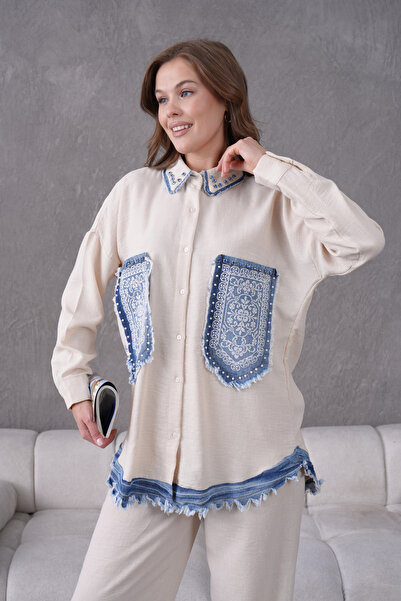 Miss Allos Women's Front Pocket Embroidered Pearl and Stone Embroidered Denim Detailed Linen Shirt and Pants Bottom Top Set