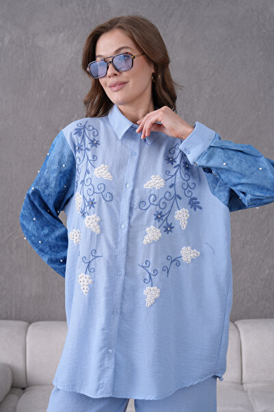 Miss Allos Women's Embroidered Denim Decorated Linen Shirt Double Set