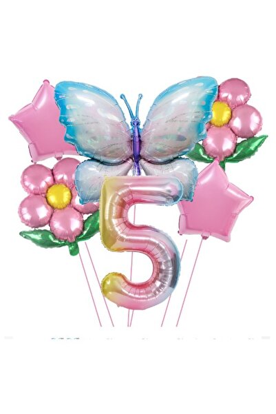 Flippy Set baloane folie cu număr aniversar, multicolore, 6 buc (2 flori, 2 stele, 1 fluture, numărul 5)