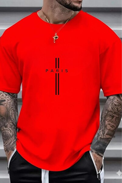 stg spor toptan giyim Men's Red Striped Paris Printed Oversize Tshirt