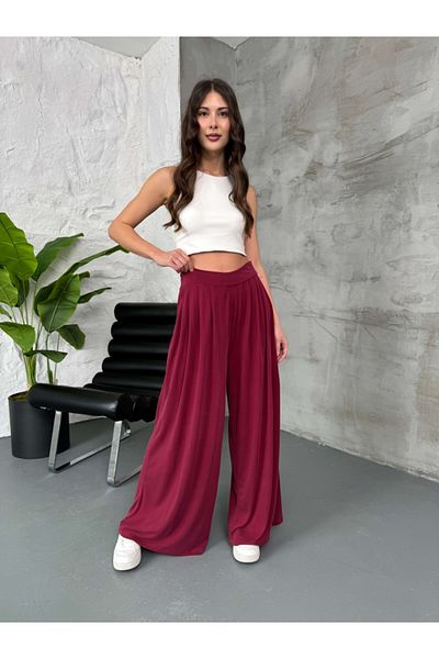 Elif Özbey Butik Burgundy Waist Pleated Modal Trousers