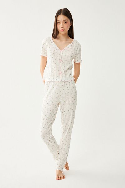 Ecrou Women's Ecru Crispy Floral Patterned Ribbon Baby Overlock Short Sleeve Trousers Set