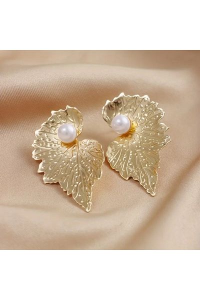 HDCreativeDesign 1 Pair of Elegant Gold-Tone Leaf Design Pearl Earrings, Textured Stainless Steel Earrings