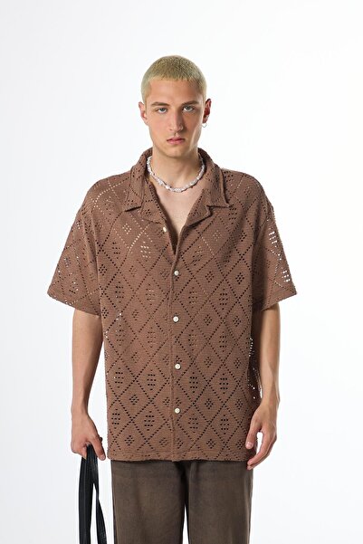 VAMOSCLO Оверсайз плетена риза с къс ръкав в тъмно синьо