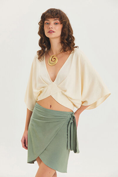 Clandestino Arkadan Bağlamalı Bohem Crop Bluz Bej